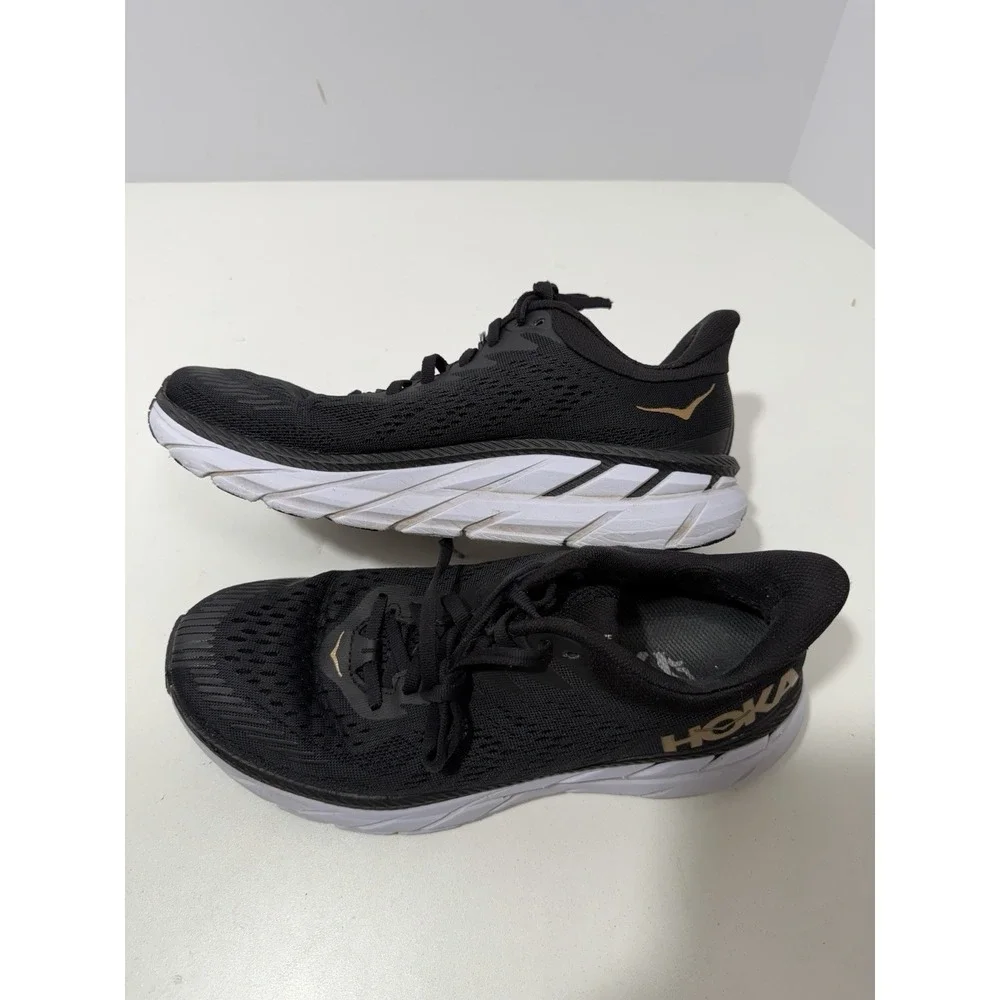 Hoka One One Clifton 7 Shoes Womens Size‎ 8 Black Gold Running Sneaker